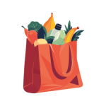 an orange grocery bag filled with fruits and vegetables png